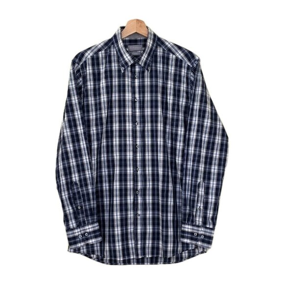 Sondergaard Casual Shirt Men 16 Blue White Plaid LS Buttons Collar Fitted Cotton - Picture 1 of 16
